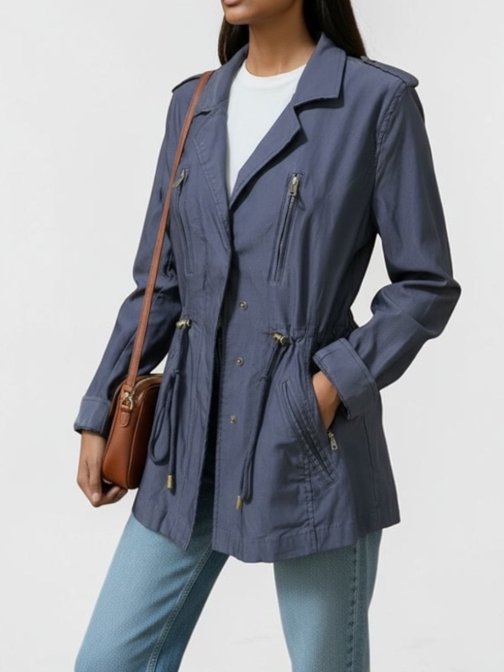 Eden Society Jacket Women Blue Utility Cargo Stretch Drawstring M/L